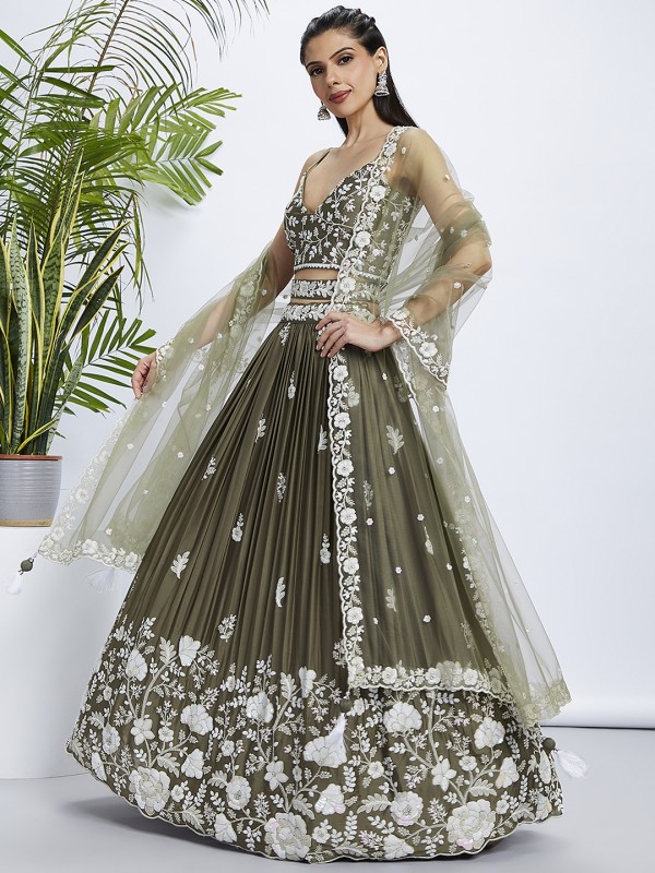 Pure Georgette Lehenga In Olive Color With Embroidery Work & Sequence Work  