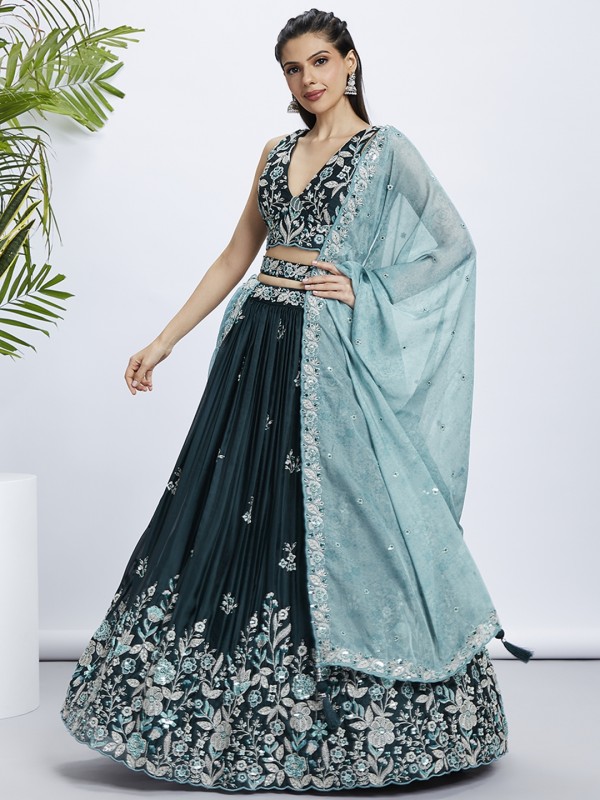 Pure Georgette Lehenga In Teal Color With Embroidery Work & Sequence Work  