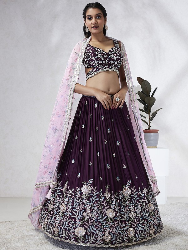 Pure Georgette Lehenga In Burgundy Color With Embroidery Work & Sequence Work  