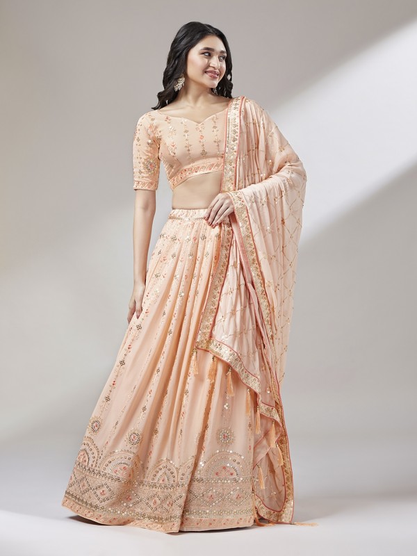 Pure Geogratte Party Wear Wear Lehenga In Peach With Embroidery Work 