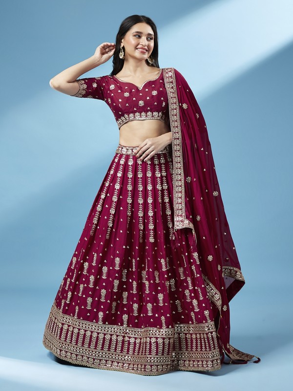 Pure Georgette Party Wear Wear Lehenga In Maroon Color With Embroidery Work 
