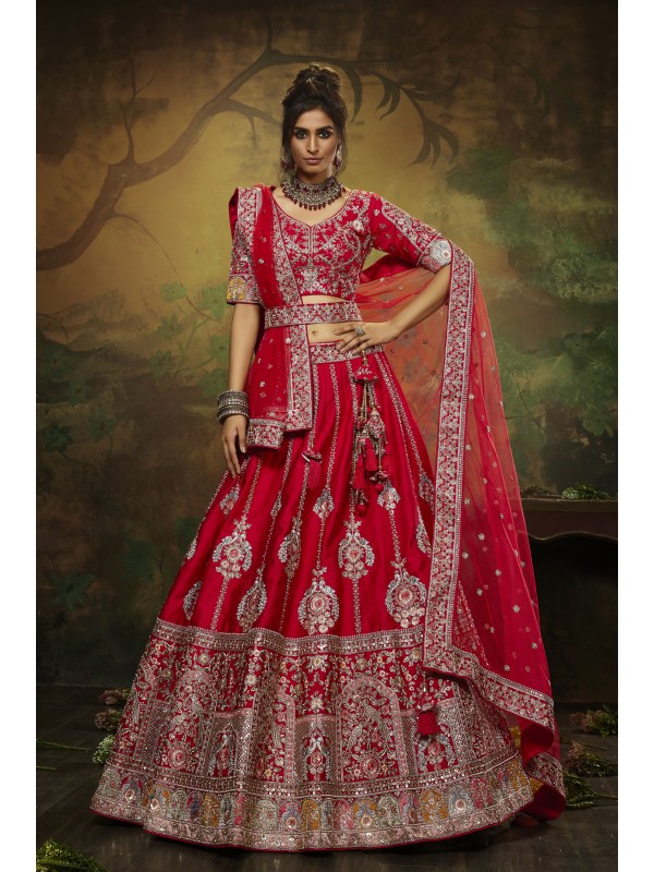 Pure Silk Wedding Wear Wear Lehenga In Red Color With Embroidery Work 