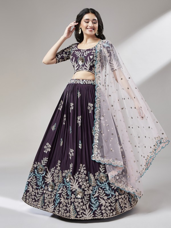 Pure Georgette Party Wear Wear Lehenga Burgundy Color With Embroidery Work 