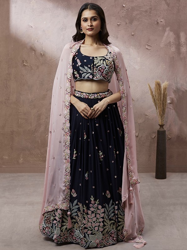 Pure Georgette Party Wear Lehenga In Navy Blue Color With Embroidery Work 