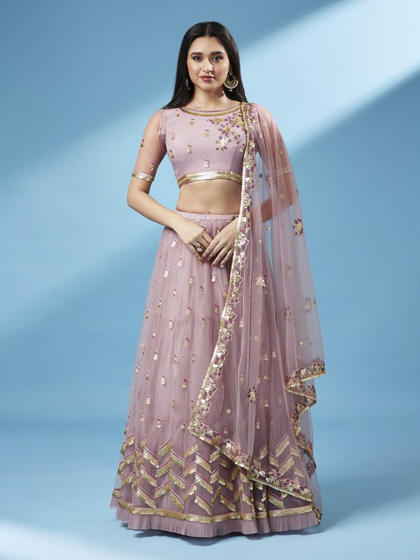 Soft Premium Net Party Wear Wear Lehenga In Rose Gold Color With Embroidery Work 