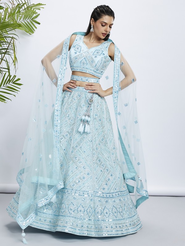 Soft Premium Net Lehenga In Turquoise blue Color With Embroidery work , Zarkan & Sequence Work  
