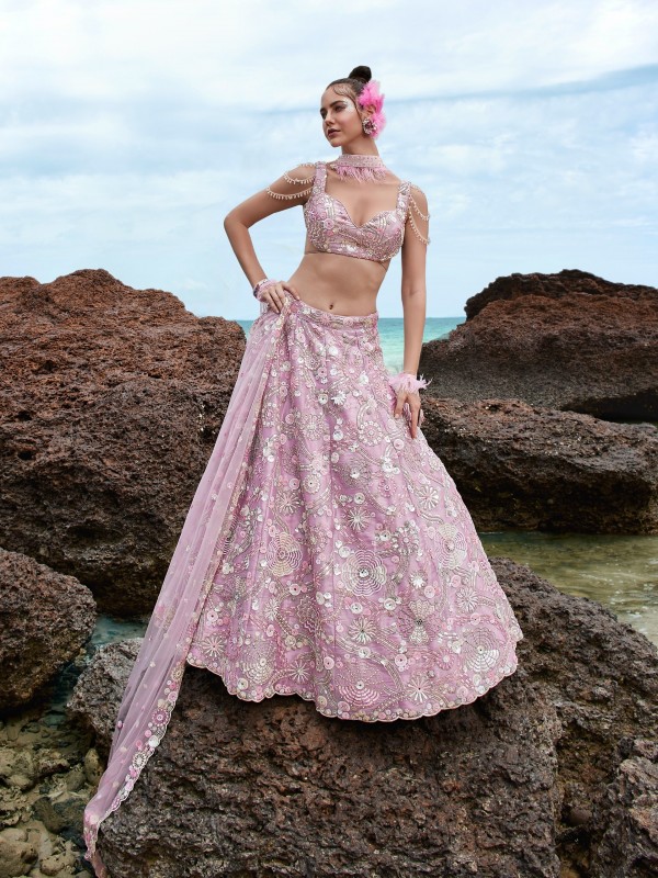Pure Organza Silk Lehenga In Mauve Color With Embroidery Work 