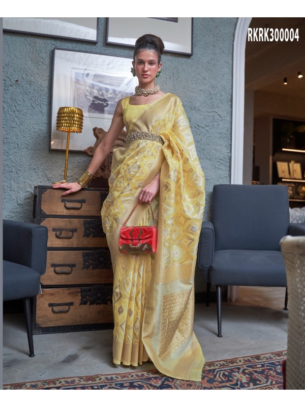 Linen Party Wear Saree In Yellow Color 