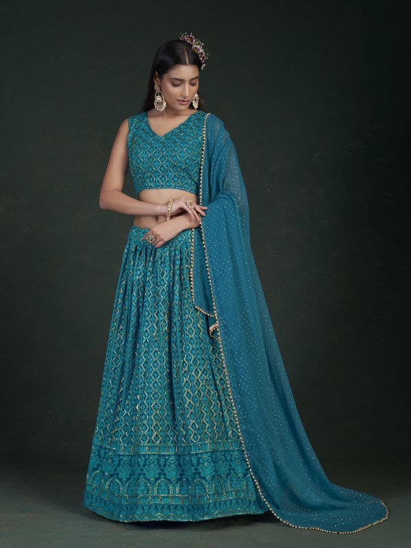  Georgette Fabrics Party Wear Lehenga in Blue Color With Embroidery  