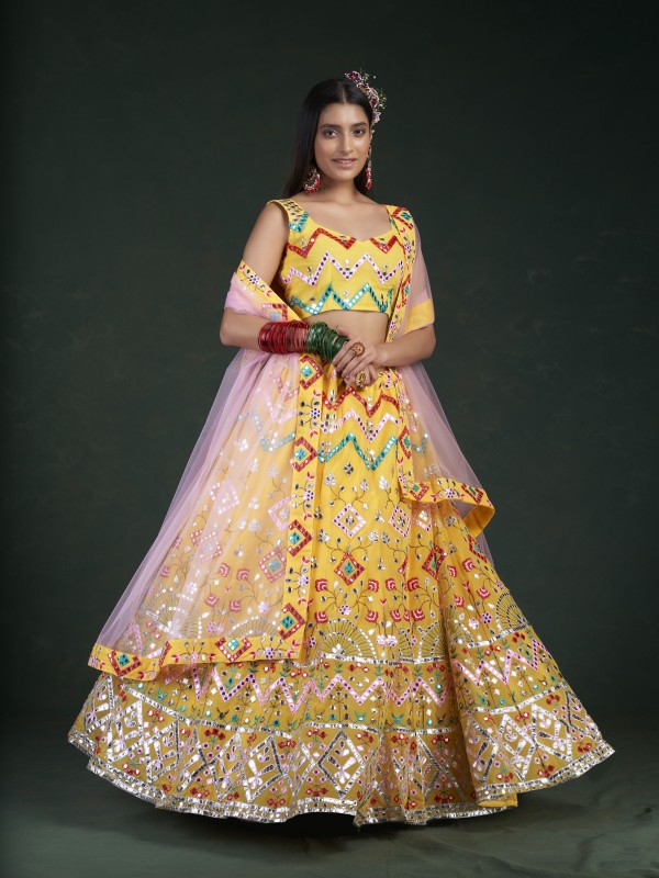  Georgette Fabrics Party Wear Lehenga in Yellow Color With Embroidery  