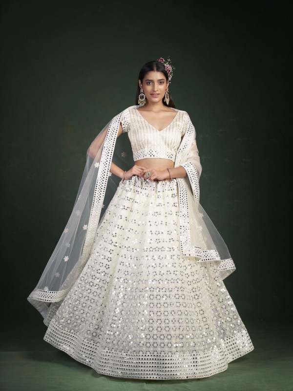  Georgette Fabrics Party Wear Lehenga in White Color With Embroidery  