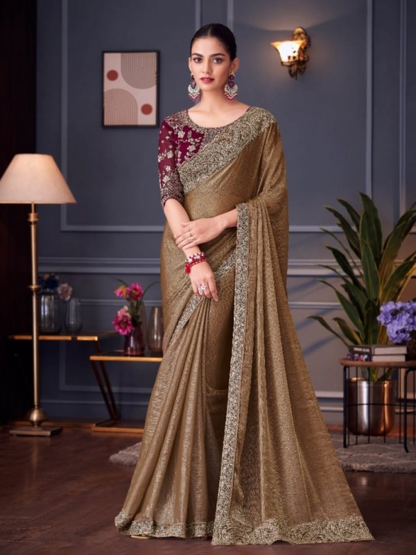 Pure Two Tone Silk Party wear Saree Golden Color With Embroidery Work