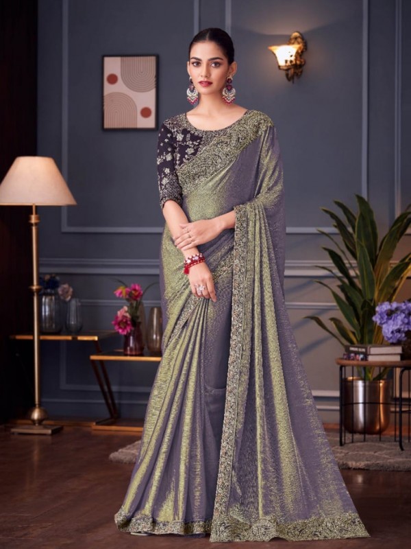 Pure Two Tone Silk Party wear Saree Grey Color With Embroidery Work