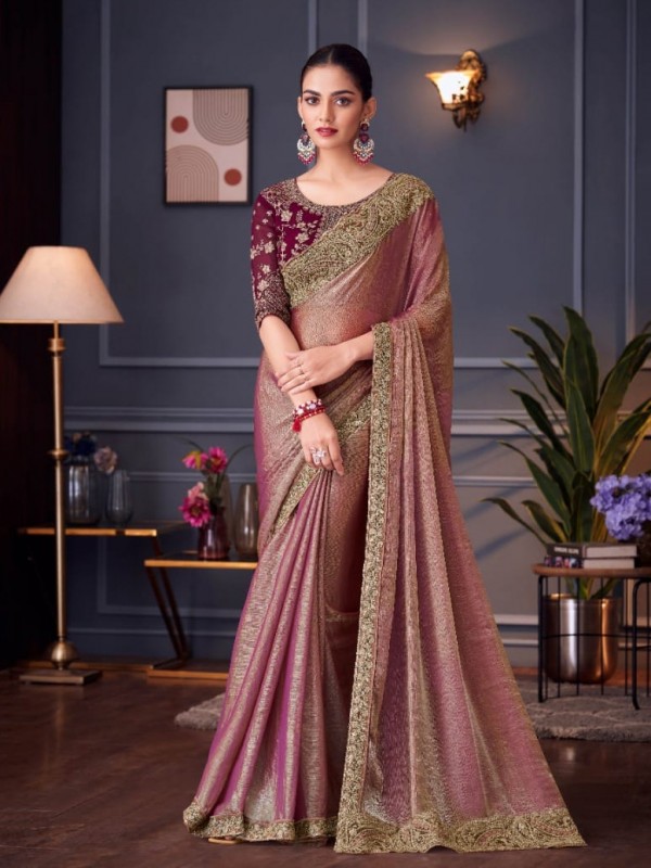 Pure Two Tone Silk Party wear Saree Pink Color With Embroidery Work