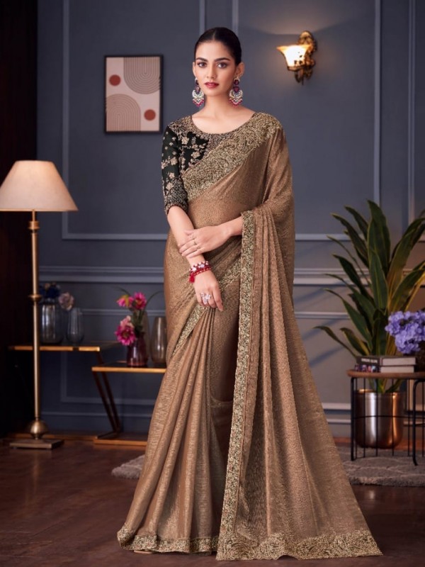 Pure Two Tone Silk Party wear Saree Golden Color With Embroidery Work