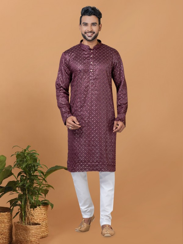 Gaji Silk Readymade Kurta set in Rust color with Sequence Embroidery Work