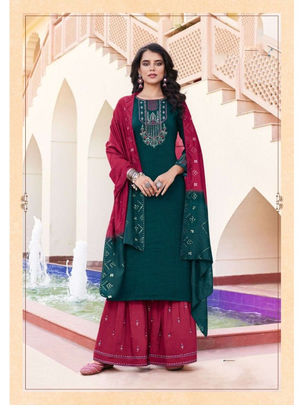 Chinon Caasual Wear Sharara in Teal Green & Pink Color with  Embroidery Work