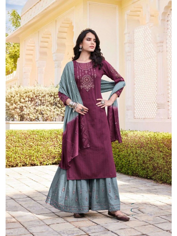 Chinon Caasual Wear Sharara in Purple & Grey  Color with  Embroidery Work