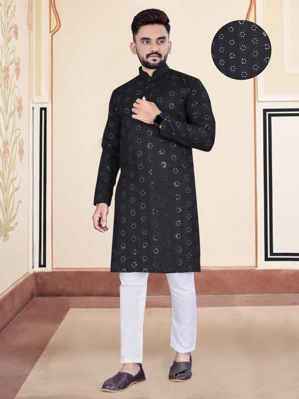 Soft Cotton Silk Readymade Kurta set in with Black Color Embroidery Work