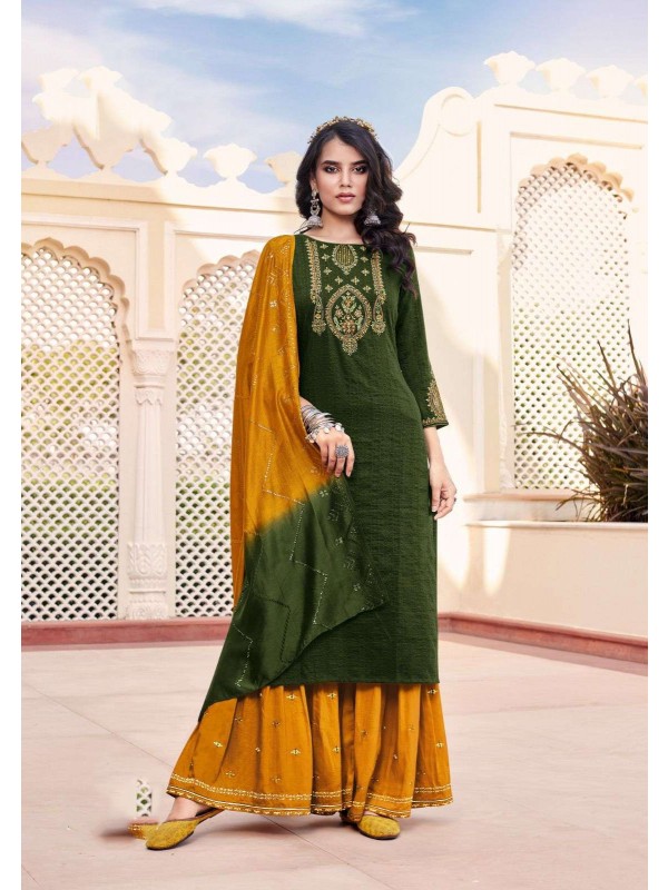 Chinon Caasual Wear Sharara in Yellow & Green Color with  Embroidery Work