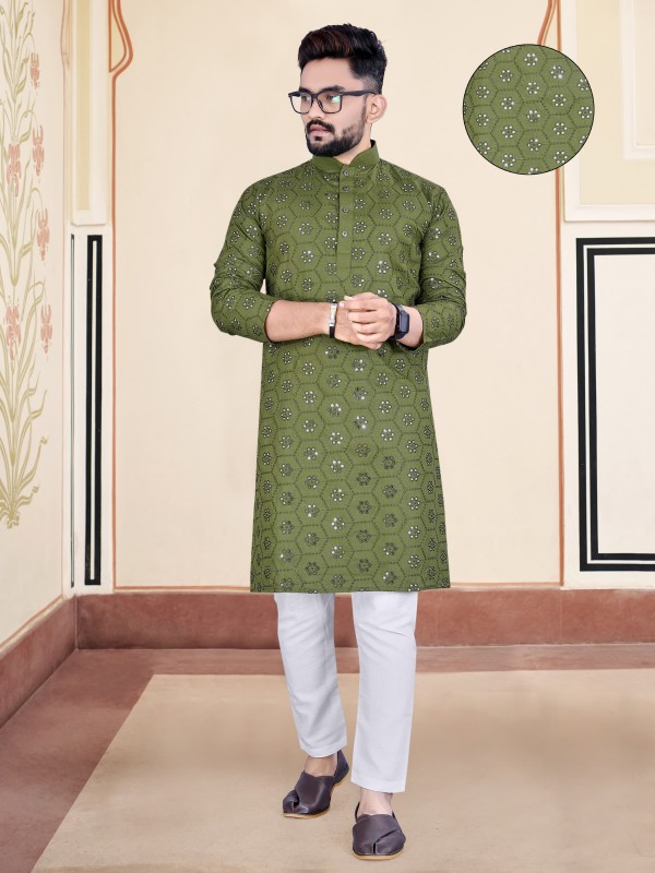 Soft Cotton Silk Readymade Kurta set in with Green Color Embroidery Work