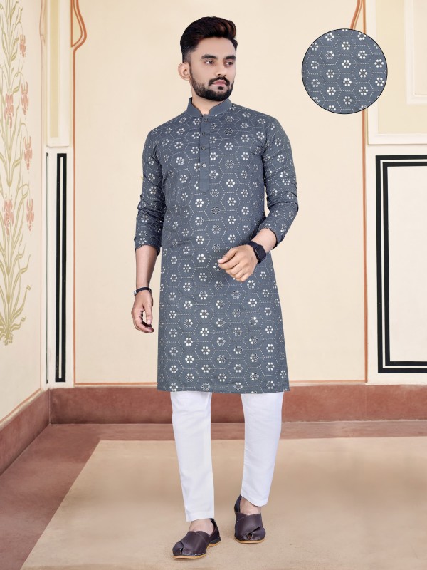 Soft Cotton Silk Readymade Kurta set in with Grey Color Embroidery Work
