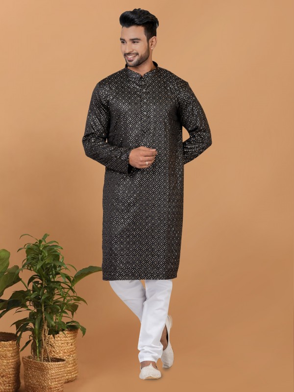 Gaji Silk Readymade Kurta set in Black color with Sequence Embroidery Work