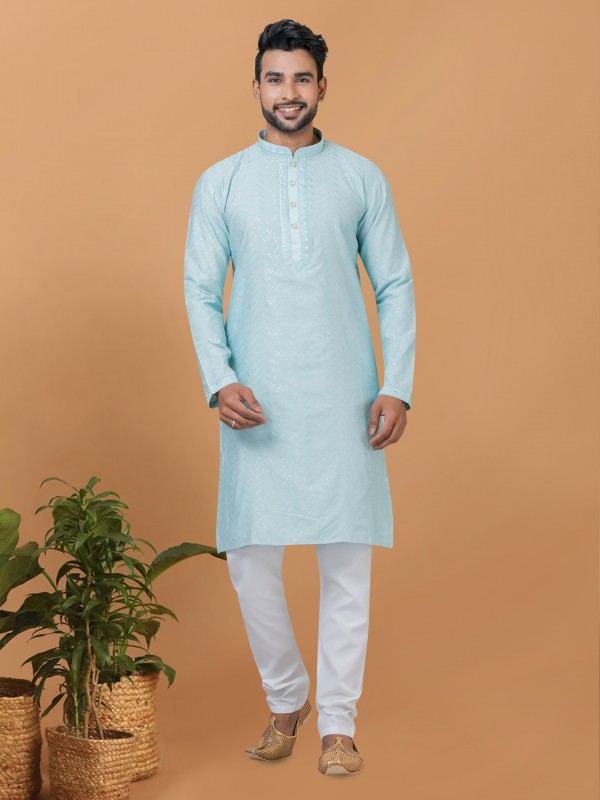 Viscose Cotton Silk Readymade Kurta set in Sky Blue color with Sequence Embroidery Work