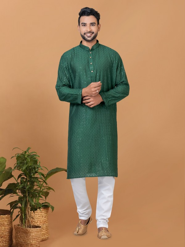 Viscose Cotton Silk Readymade Kurta set in Green color with Sequence Embroidery Work