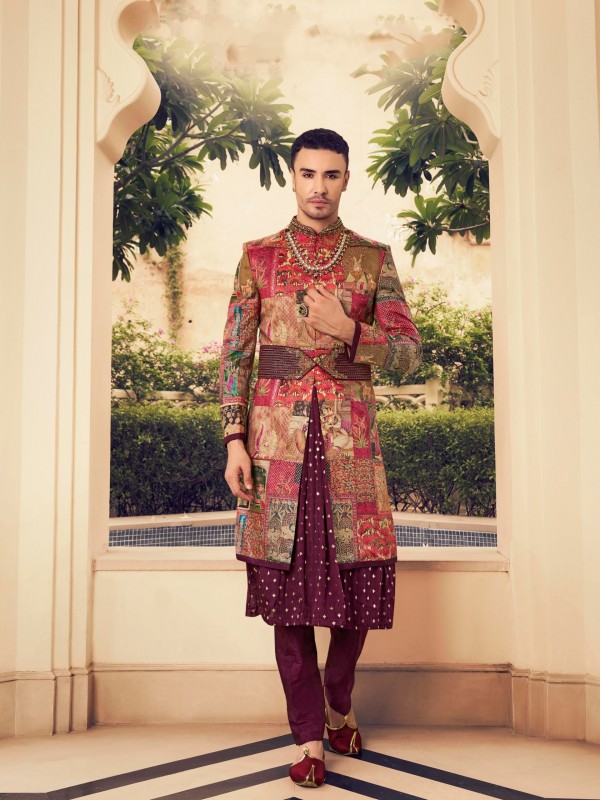 Silk Readymade Kids Indowestern in Multi Color Hand work 