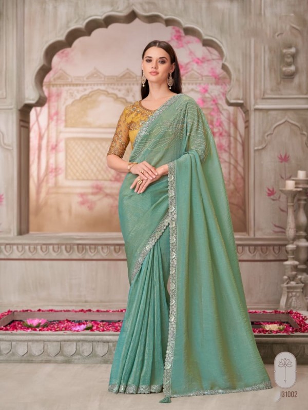 Satin Silk Party wear Saree in Lime Green Color With Embroidery Work 