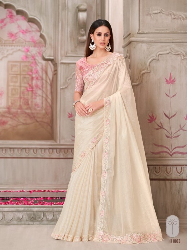 Satin Silk Party wear Saree in Cream Color With Embroidery Work 