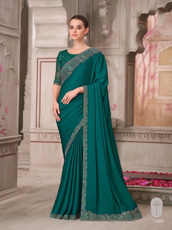 Satin Silk Party wear Saree in Teal Green Color With Embroidery Work 