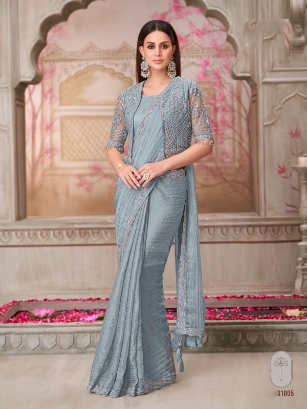 Georgette Silk Party wear Saree in Grey Color With Embroidery Work 