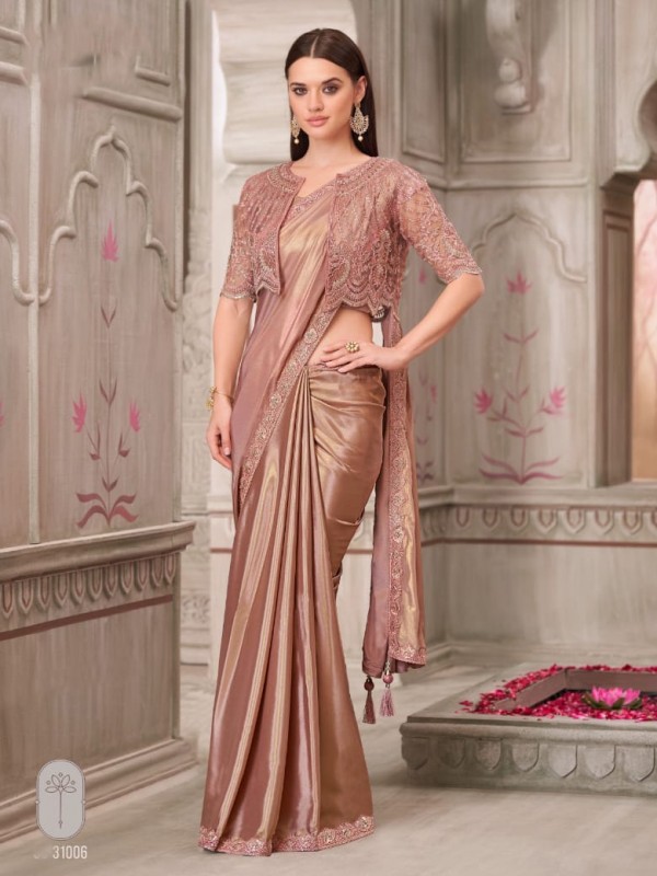 Satin Silk Party wear Saree in Peach Color With Embroidery Work 