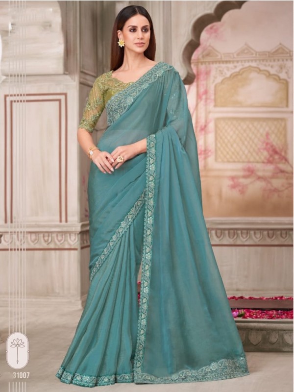 Georgette Silk Party wear Saree in Turquoise Color With Embroidery Work 
