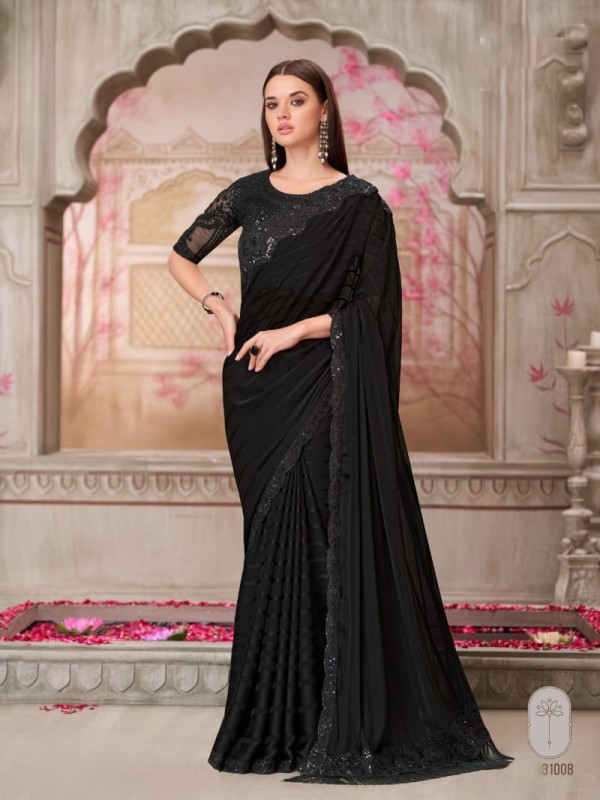 Georgette Silk Party wear Saree in Black Color With Embroidery Work 
