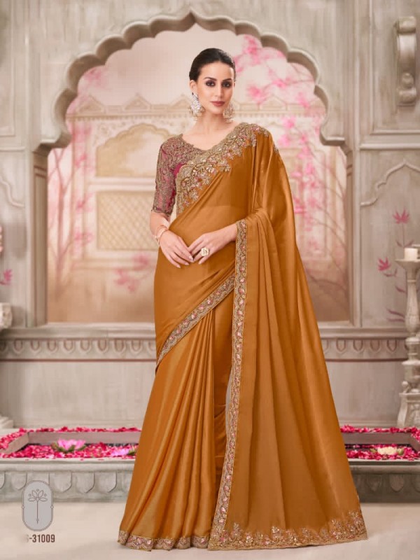 Chiffon Silk Party wear Saree in Mustard Color With Embroidery Work 