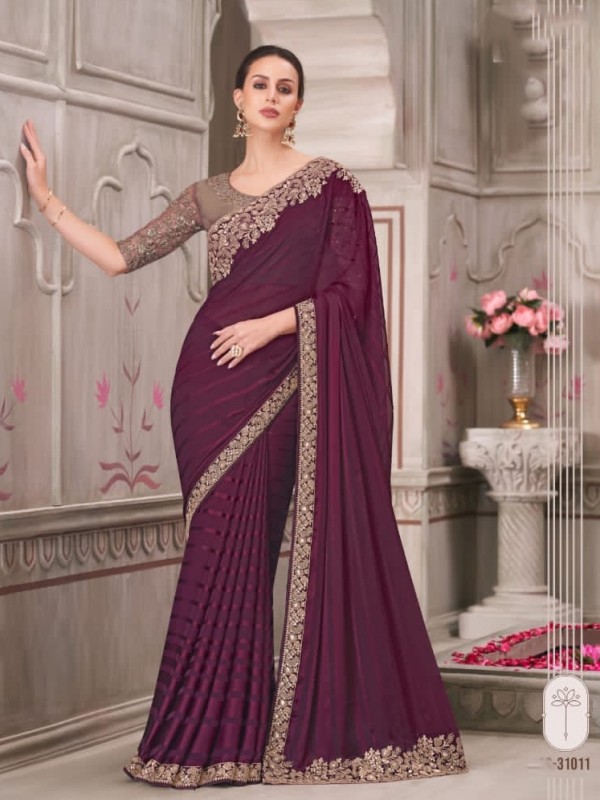 Georgette Silk Party wear Saree In Wine Color With Embroidery Work 