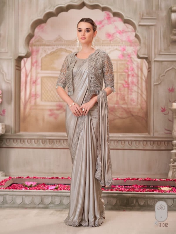 Satin Silk Party wear Saree in Beige Color With Embroidery Work 