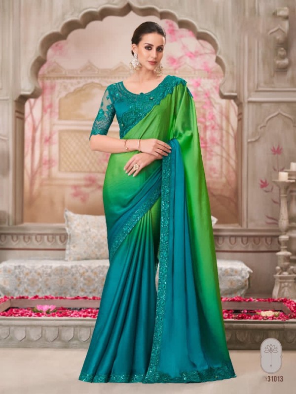 Satin Chiffon Silk Party wear Saree in Teal Color With Embroidery Work 