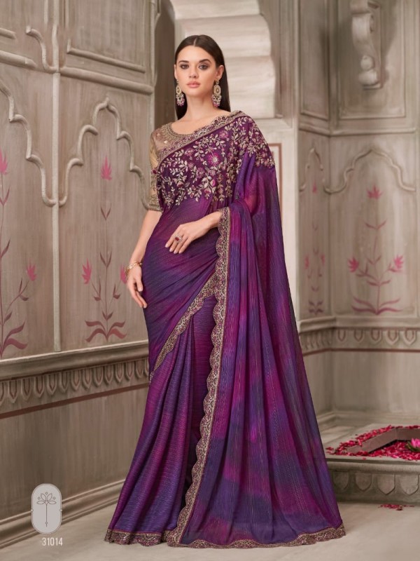 Satin Georgette Silk Party wear Saree in Purple Color With Embroidery Work 