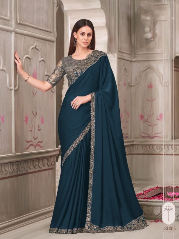 Satin Georgette Silk Party wear Saree in Teal Color With Embroidery Work 