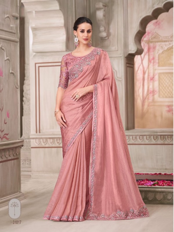 Satin Georgette Silk Party wear Saree in Pink Color With Embroidery Work 
