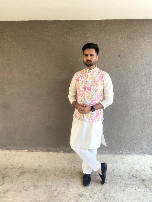 Rayon Viscose Silk Readymade Koti Kurta in Off White Color With Embroidery work 