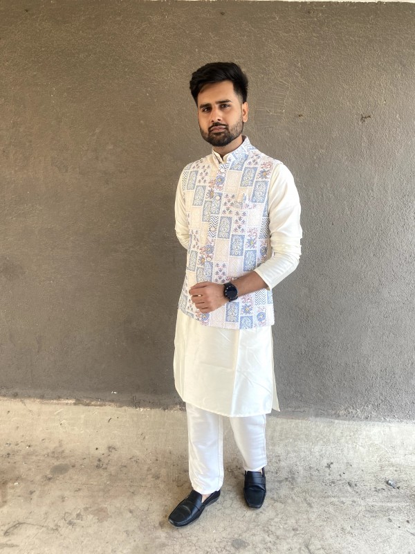 Rayon Viscose Silk Readymade Koti Kurta in Off White Color With Embroidery work 