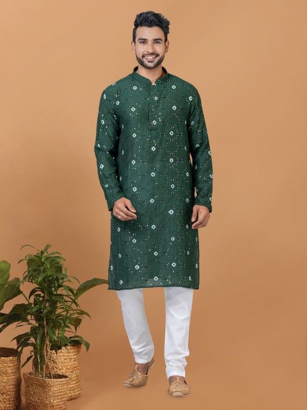 Chanderi Readymade Kurta set in Green Color with Sequence Embroidery Work