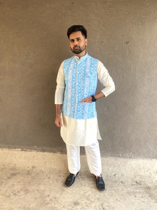 Rayon Viscose Silk Readymade Koti Kurta in Off White Color With Embroidery work 