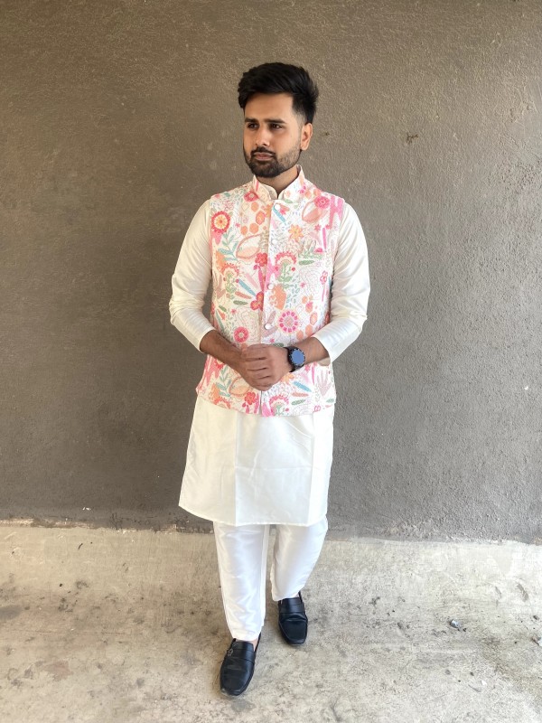 Rayon Viscose Silk Readymade Koti Kurta in Off White Color With Embroidery work 