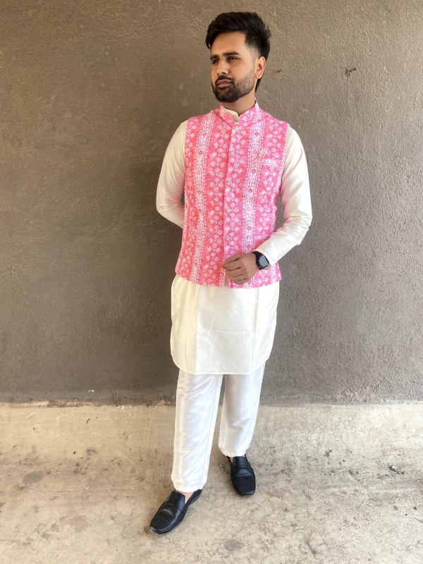 Rayon Viscose Silk Readymade Koti Kurta in Off White Color With Embroidery work 